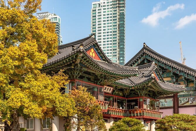 Korea Temple & Starfield Library Gangnam K-BBQ - Bongeunsa Temple between skyscrapers